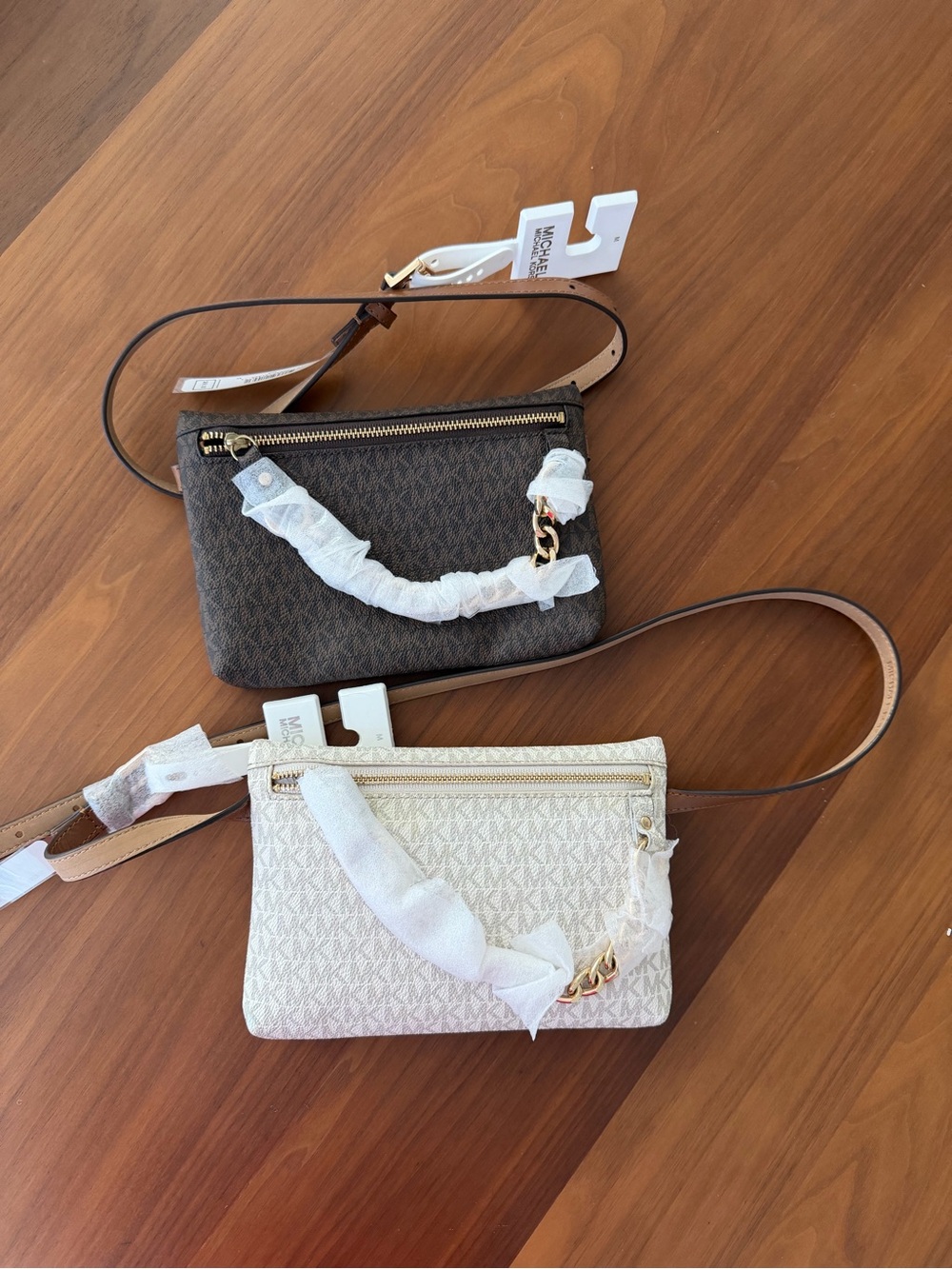 Set of Michael Kors Double Chain Belt Bags in Brown and Cream(MEDIUM)